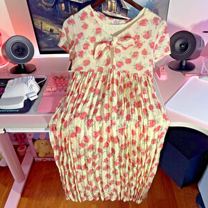 Vintage Talbots Kids Girls Dress Size 10 Cream Pink Floral Pleated Short Sleeve